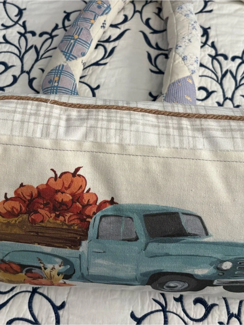 Vintage Blue Truck Pumpkin Harvest Holiday Pillow